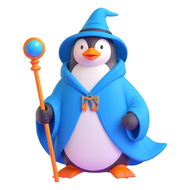 penguin wizard with a blue robe and magical staff sticker