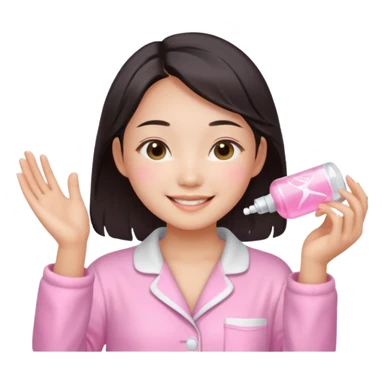 angelic asian girl doing skin care in pink pajamas, smiling with glowing skin sticker
