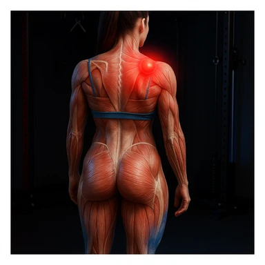 Anatomical hyperrealistic 4K view of a woman from the back in a gym environment, showing a muscle contracture as a clearly visible knot on the left side of the upper back muscles, translucent muscles and skin, with a red halo. Knot positioned higher. sticker