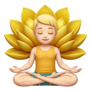A 3D Apple-style yellow round emoji sitting in a lotus position, eyes gently closed, calm and peaceful smile, hands resting on knees with palms facing upward, relaxed eyebrows, soft glow around the emoji to symbolize inner peace, clean minimal background. sticker