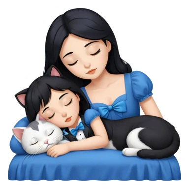 Beautiful black haired girl. Sleeping. Wearing a blue dress. Tuxedo cat sleeping next to her.  sticker