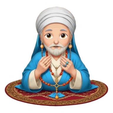 An old woman sits on a Persian rug with a rosary, a large ring, a long beard and hair, but he is handsome and modern, wearing a robe and a turban, and looks at the camera with amazement. sticker