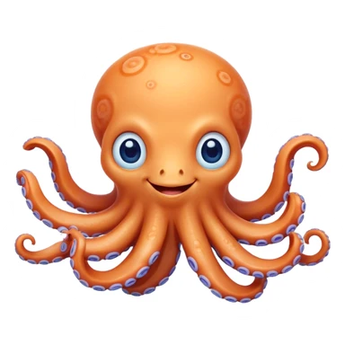 Cinematic Cute smiling Octopus Portrait Emoji, Head tilted playfully and inquisitively, featuring a rounded, light orange body embellished with playful blue rings, eight adorably curling arms, and big, twinkling eyes full of wonder, Simplified yet irresistibly adorable features, highly detailed, glowing with a warm, inviting underwater glow, high shine, affectionate and lively, stylized with a touch of whimsical cartoon charm, soft glowing outline, capturing the essence of a mischievous yet loving octopus that seems as if it could bob out of the screen into your arms! sticker