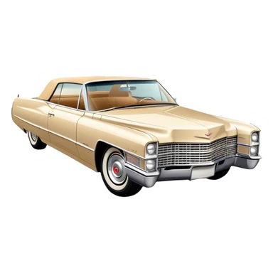 Elegant beige 1966 Cadillac DeVille with sharp details, consistent 30-degree perspective showing front and side, vintage luxury car styling, from Tarantino's Once Upon a Hollywood, iOS emoji style sticker