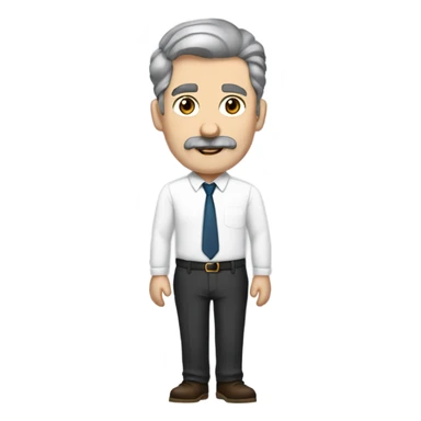  man with blue eyes, dark grey hair, a thick brown-grey mustache, wearing a white shirt, black dress pants, beige loafers, and an expensive watch sticker