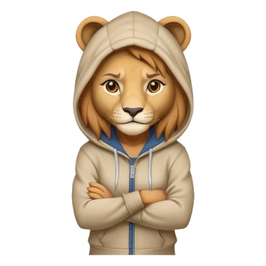 determined anthropomorphised female lion in a hoodie and jeans with arms folded, confident stance sticker