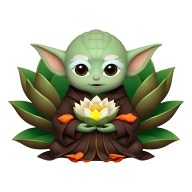 Baby Yoda con su tunica chocolate oscuro sentado dentro de una flor de loto estilo chino sticker