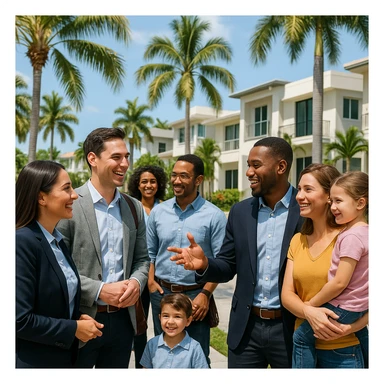 Foto hiper realista que refleje a nuestro cliente ideal de real estate: Profesionales y familias en transición Que desean mudarse a Miami o adquirir una segunda residencia, guiados por un equipo que habla su idioma —literal y figurativamente. sticker