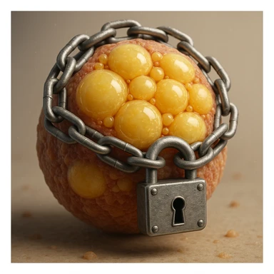 adipocyte with visible lipid droplets locked by chains and padlock, hyper realistic 4K, microscopic details, neutral background sticker