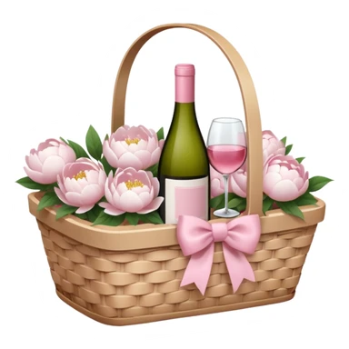 White Picnic basket with light pink bow and white peonies and a pink wine bottle inside sticker