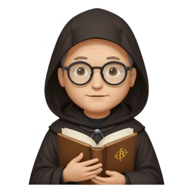 Monk priest prayer black habit with hood round black glasses done light brown wavy hair under hood remove the medallion smaller more round glassed age 46 no necklace more oval face hand holding book that says RB 480 sticker