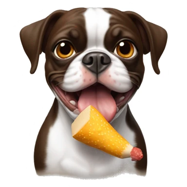 Brown and white Boston terrier with rubber chicken in mouth sticker