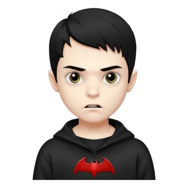 Vampire boy with the black hair, pale-white skin, black eyes, little fangs and dark circles under his eyes. He has serious face and he wear a black oversize sweatshot sticker