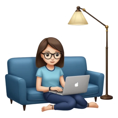A girl is working with a laptop while lying on a sofa, with a floor lamp to the right. sticker