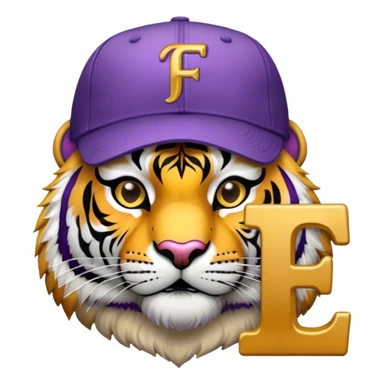 Purple and gold tiger with baseball hat on with letter F  sticker
