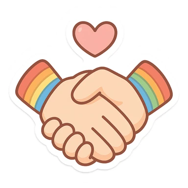 chibi sticker-style pair of clasped hands with a heart and rainbow bracelets, cute and exaggerated sticker