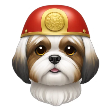 shih tzu wearing red samurai helmet with yellow horns sticker