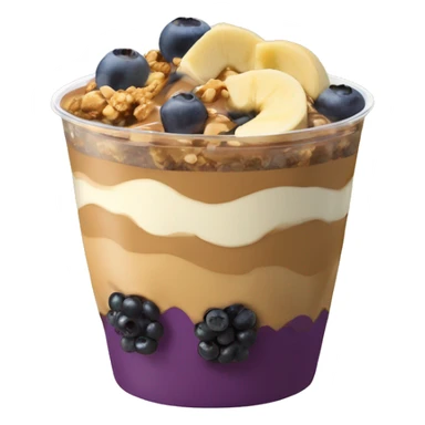 Açai bowl in a cup with layers of peanut butter, cashew nuts, granola, condensed milk, Banana and blueberrys sticker