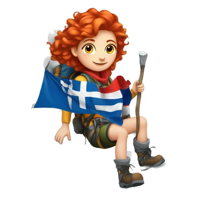 Female winter mountain climber red hair white skin climbing with Greek and EU flags and Easter eggs basket sticker