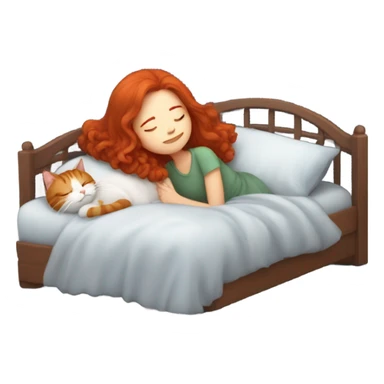 Long red hair girl sleeping with cat in bed sticker