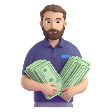 bearded brown-haired man in a polo shirt holding bundles of bills sticker
