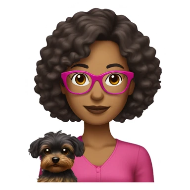 40 years old woman with dark brown long hair ,slidly curly wearing glasses with a dark pink frames  holding a yorkie dog sticker