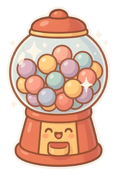 chibi sticker-style bubble gum machine with sparkles, cute and exaggerated sticker
