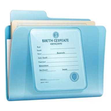 A simple emoji-style icon of a transparent plastic folder, clean and minimal, with rounded corners, subtle translucency, soft shading, and a small official documents symbol representing birth certificate, and SS. sticker