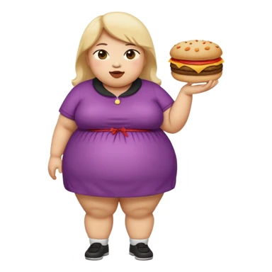 n create a humongous asian girl with 2 burgers and a cookie in her mouth, she is super obese, please make her a full body emoji sticker