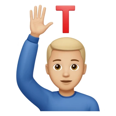 man raising hand with a small letter T above his head sticker