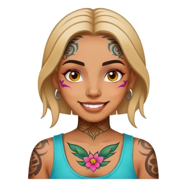 girl with bold face tattoos, happy face, wearing a colorful shirt sticker