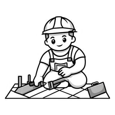 Moldovan builder laying floor tiles, construction worker with tools sticker