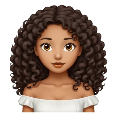 Dark tanned skin girl with very dark brown very big long curly hair, very dark Asian eyes, white dress at boatneck neckline   sticker
