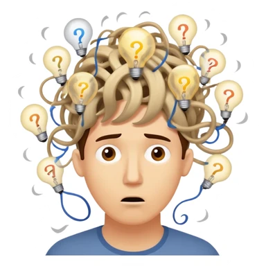 Person with a chaotic mind, swirling tornado of tangled thoughts around their head, containing question marks, light bulbs, and scribbles. The person has a bewildered, overwhelmed expression. sticker