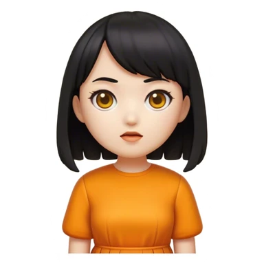 A detailed emoji-style illustration of the Squid Game doll, designed in the aesthetic of iPhone emojis. The doll has a round face, short black hair with bangs, and wears an orange dress with a yellow shirt underneath. Her expression is neutral but slightly eerie. The style is clean, simple, and polished, resembling Apple’s emoji set with smooth gradients and minimal shading. The background is plain or slightly blurred to keep the focus on the character.” sticker