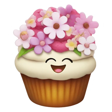 Happy cupcake with face on the icing and flowers on top  sticker