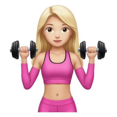 beautiful girl with brown hairs in sport wear in her hands is dumbbells her skin was light and hairs too and her sport wear was pink  her hair was long and blonde  sticker