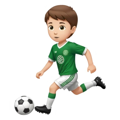 Celtic footballer jersey logo  6 years old brown hair white boy , brown eyes , stripes uniform , RUNNING  with soccer ball # 17 celtic football logo PUT ONLY ONE LOGO ONE CELTIC LOGO ONLY white shorts sticker