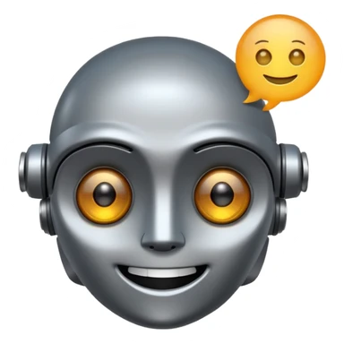 smiling robot head with glowing eyes and a speech bubble, emoji style sticker