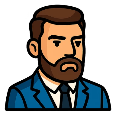 Create a simplified, vector-style Twitch emoji version of the person in the photo. Focus on the face and upper torso, dressed in a suit, with a serious and charismatic expression. Background should be transparent and the style should be clean and minimalistic, suitable for Twitch emoji use. sticker