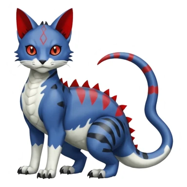 Dark-greyish-blue-grey-black, with red markings, white belly, scaley Bastet-Noibat-Gatomon-Digimon-Fakémon-Pokémon-creature (full body) sticker