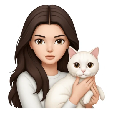 brunette Kendall Jenner with long hair holding on the hands a white cat sticker