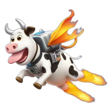 side-on view of cow flying to space while wearing a jetpack that is emitting flames, legs being pushed back by the wind sticker