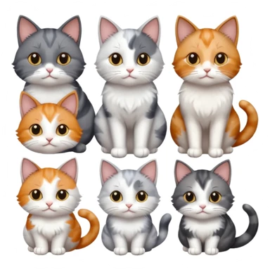 6 realistic looking cats with different natural coloured coats, assorted grey and white, greys, calico, brown and white colours etc
 sticker