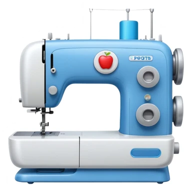 Emoji of a modern sewing machine inspired by a Brother machine. Soft, rounded shapes in the style of Apple emojis, with subtle gradients and soft shadows. White body with light gray details, a blue thread spool on top, a small digital screen and a round dial. sticker