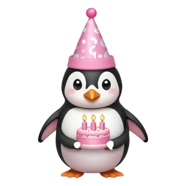 cute penguin  hold a pink birthday cake in both arms with pink birthday hat sticker