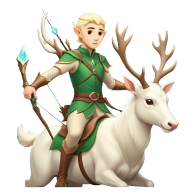 clash-of-clans-aesthetic-blond-male elf-archer-portrait-emoji, rendered in a flat, vector-style with minimal shading and bold, simplified shapes, head tilted slightly forward with a determined, focused expression, riding a majestic white stag whose antlers glow with mystical energy, set against an ancient, enchanted forest backdrop. sticker