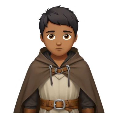 medieval outfit worn by a DnD themed fantasy character. basic rough-spun tunic with a leather belt and a hooded cloak. clothes only above the waist. The clothes full waist. The character's haven't arms. character is straight black hair hazel eyes short messy hair brown-skinned man. sticker