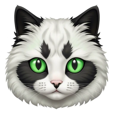 This fluffy cat has a black and white coat with a white face marked by a black patch over the forehead, bright green eyes, and a black nose bridge sticker