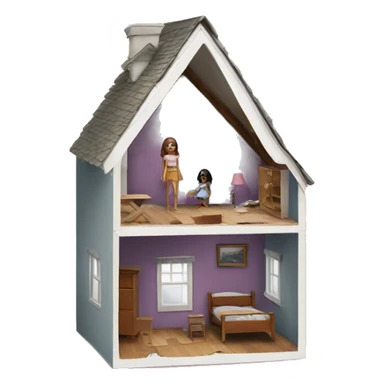 A broken-down dollhouse with a doll sitting inside, lifeless and blank-eyed sticker